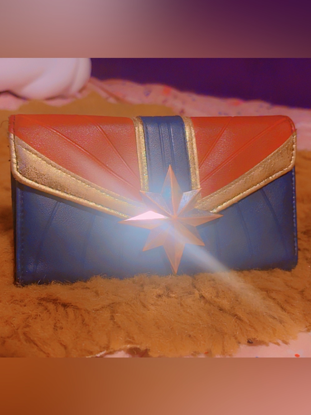 Captain Marvel Wallet Red Blue Gold Star Bifold Faux Leather